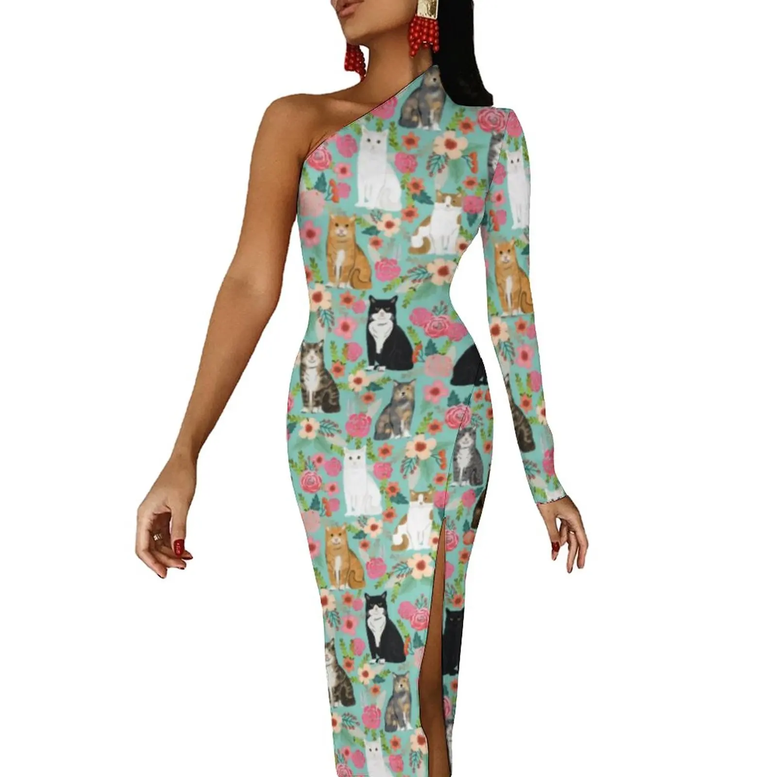 

Облегающее платье с высоким разрезом и цветочным принтом для кошек, женское винтажное платье макси с цветочным принтом, весенние уличные платья с длинными рукавами, подарок