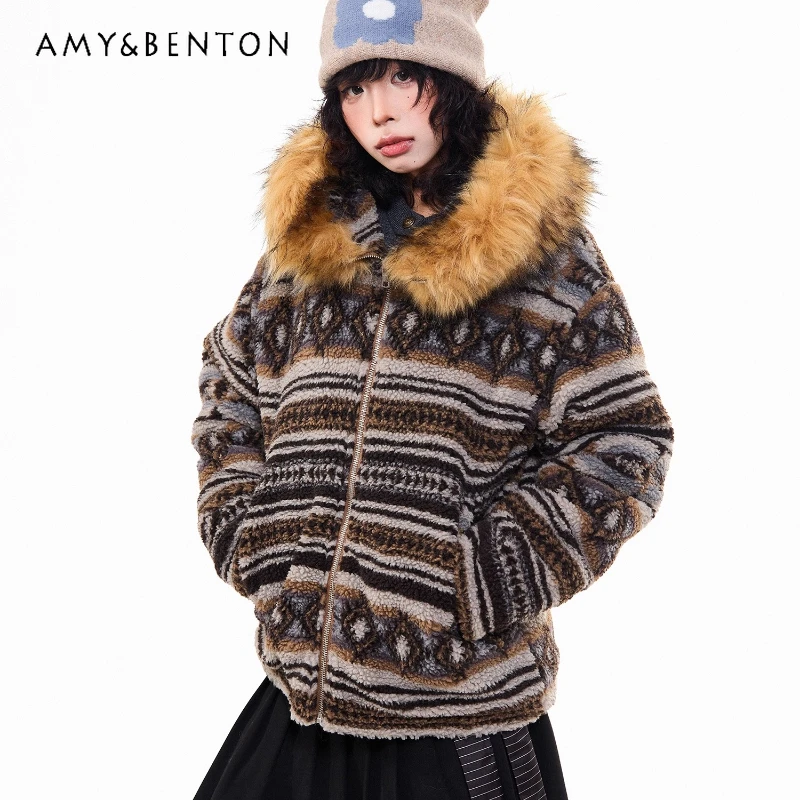

American Retro Design Brown Fur Collar Hooded Lamb Wool Women's Coats 2025 Autumn Winter New Loose Warm Cotton Jackets Ladies