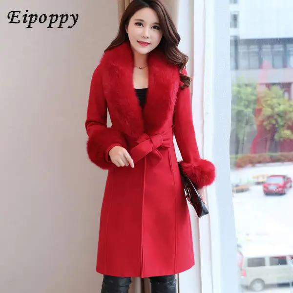 Woolen Coat Women\'s Mid-Length Korean Style New Winter Slim Fit Tied Big Fur Collar Woolen Coat