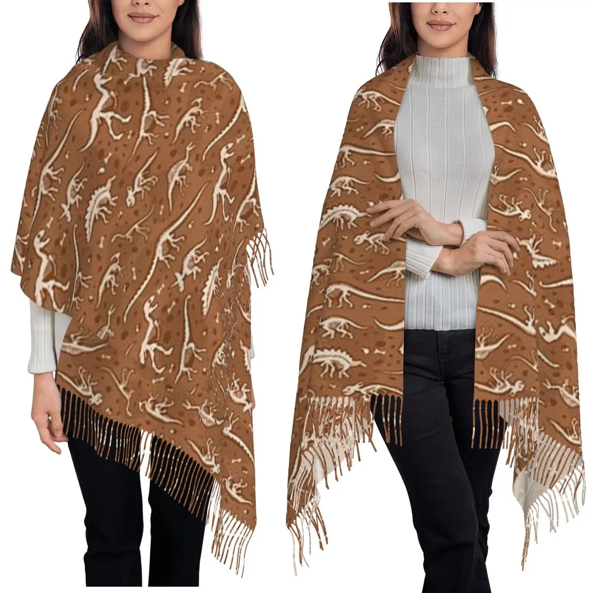 

Шарф с ископаемыми динозаврами на Хэллоуин, шарфы с кисточками для женщин, мягкие теплые шали и накидки, длинная осенне-зимняя шаль