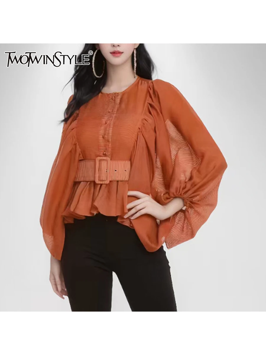 TWOTWINSTYLE Solid Patchwork Sashes Fashion Blouse For Women O Neck Long Sleeve Spliced Button Streetear Shirts Female Fashion