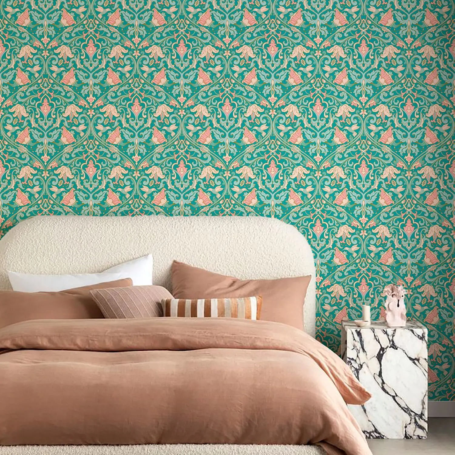 Vintage Floral Birds Peel and Stick Wallpaper Boho Turquoise Contact Paper for Bedroom Home Decorations Damask Wall Paper