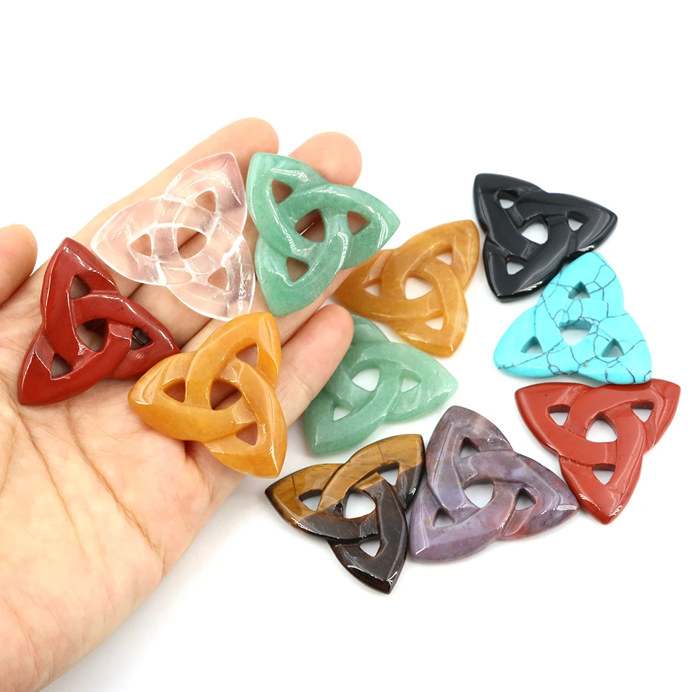 Natural Stone Irish Celtic Knot Triangle Ruyi Flower Healing Crystal Cavring Chakra Quartz DIY Pendant Ornament Home Decoration