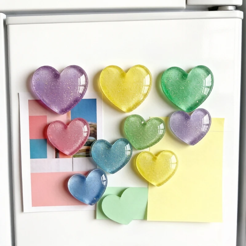 6Pcs Glitter Heart Fridge Magnets Photo Clips Push Pin for Whiteboard Locker Message Board Home Wall Decor Valentines Gift