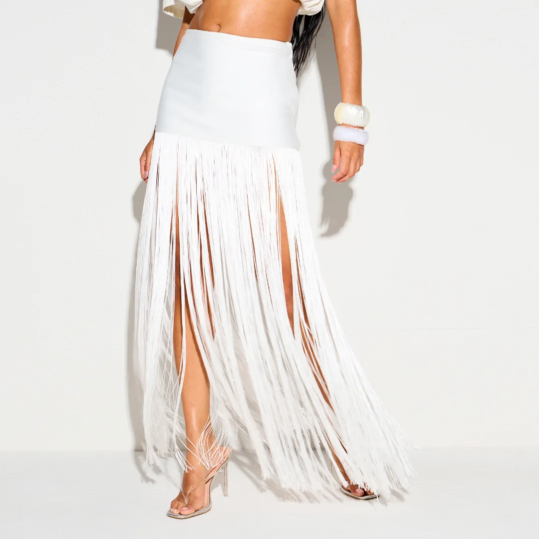 Chic White Bandage Tassel High Waist Long Skirt Elegant Straight Hem Fringe Slim Ankle Length Skirts Party Cocktail Prom Wear
