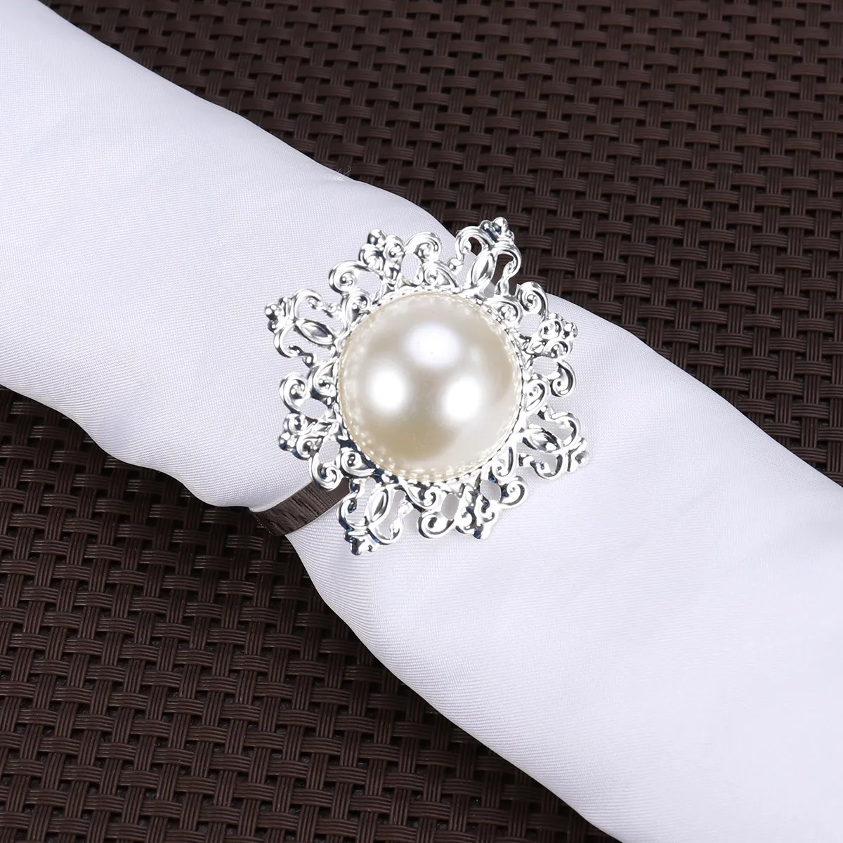 12Pcs Beige Premium Napkin Ring Faux Pearl Embellishment for Banquet Napkin Decoration Wedding Family Reunion Table Setting