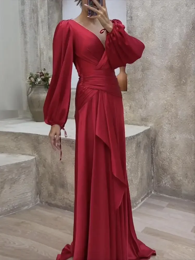 Krismile Vintage Elegant Maxi Dresses for Evening Banquet 2024 Look-Thin Pleated Solid Color V-Cut Long Sleeves Maxi Dresses