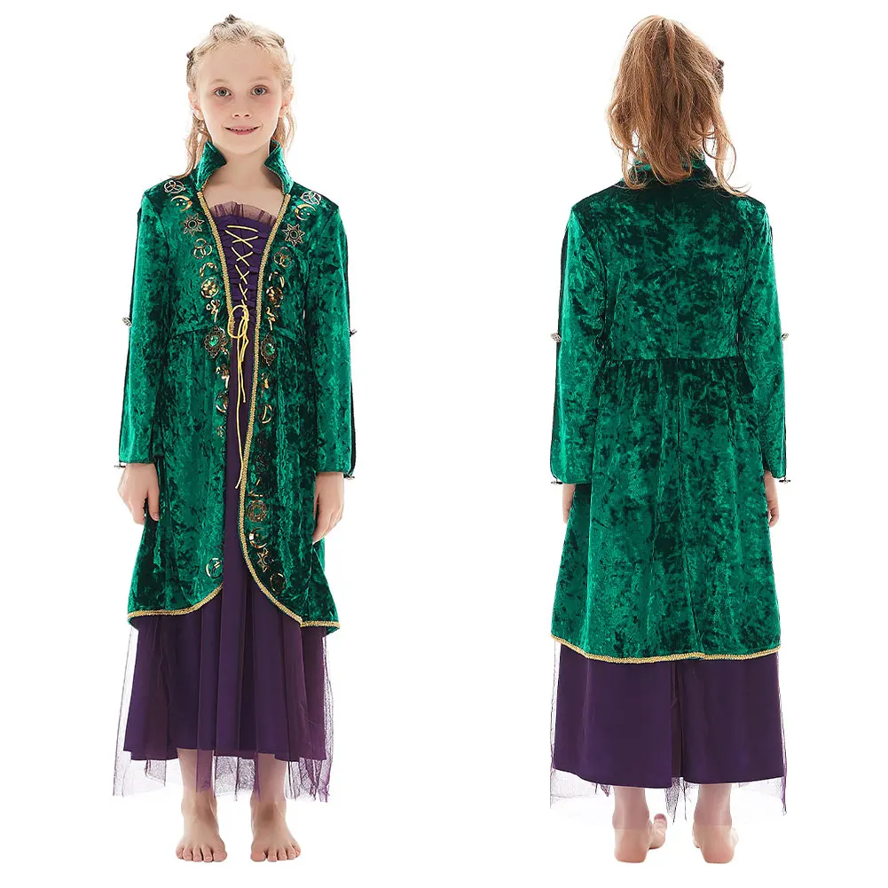 Kids Girls Hocus Cosplay Pocus Witch Mary Sarah Winifred Long Sleeve Dress Cloak Suit Halloween Costume Stand Collar Tunic Dress