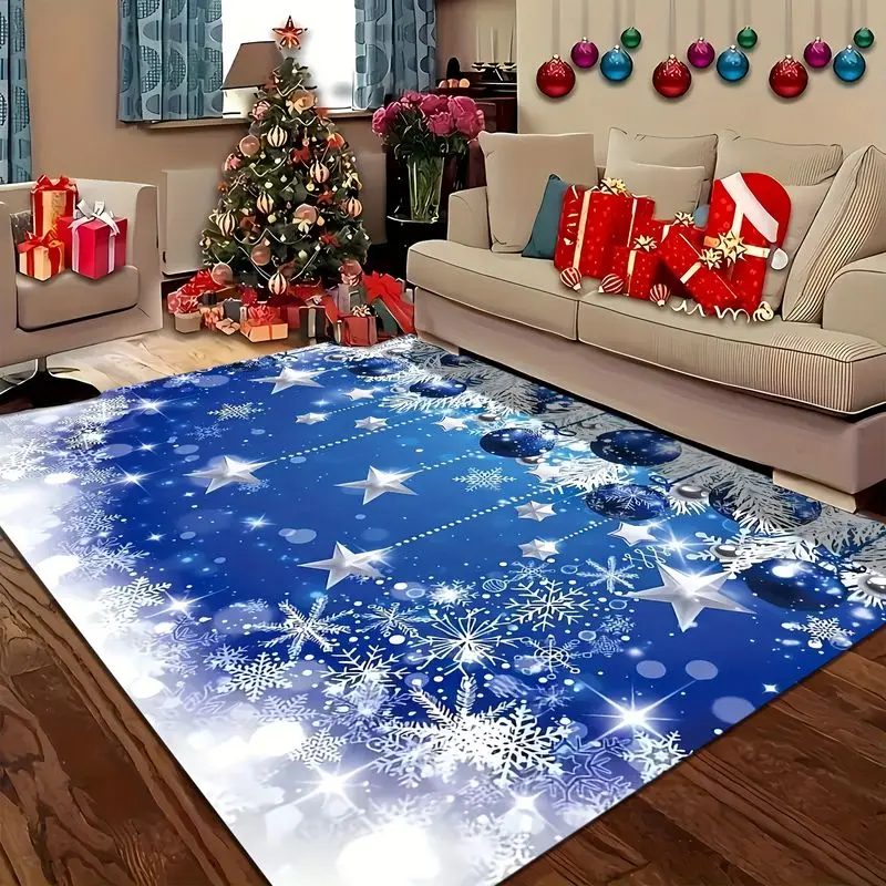 VIKAMA Blue Silver Star Bauble Snowflake Rug Non Slip Area Rug Living Room Bedroom Floor Mat Winter Holiday Xmas Decor