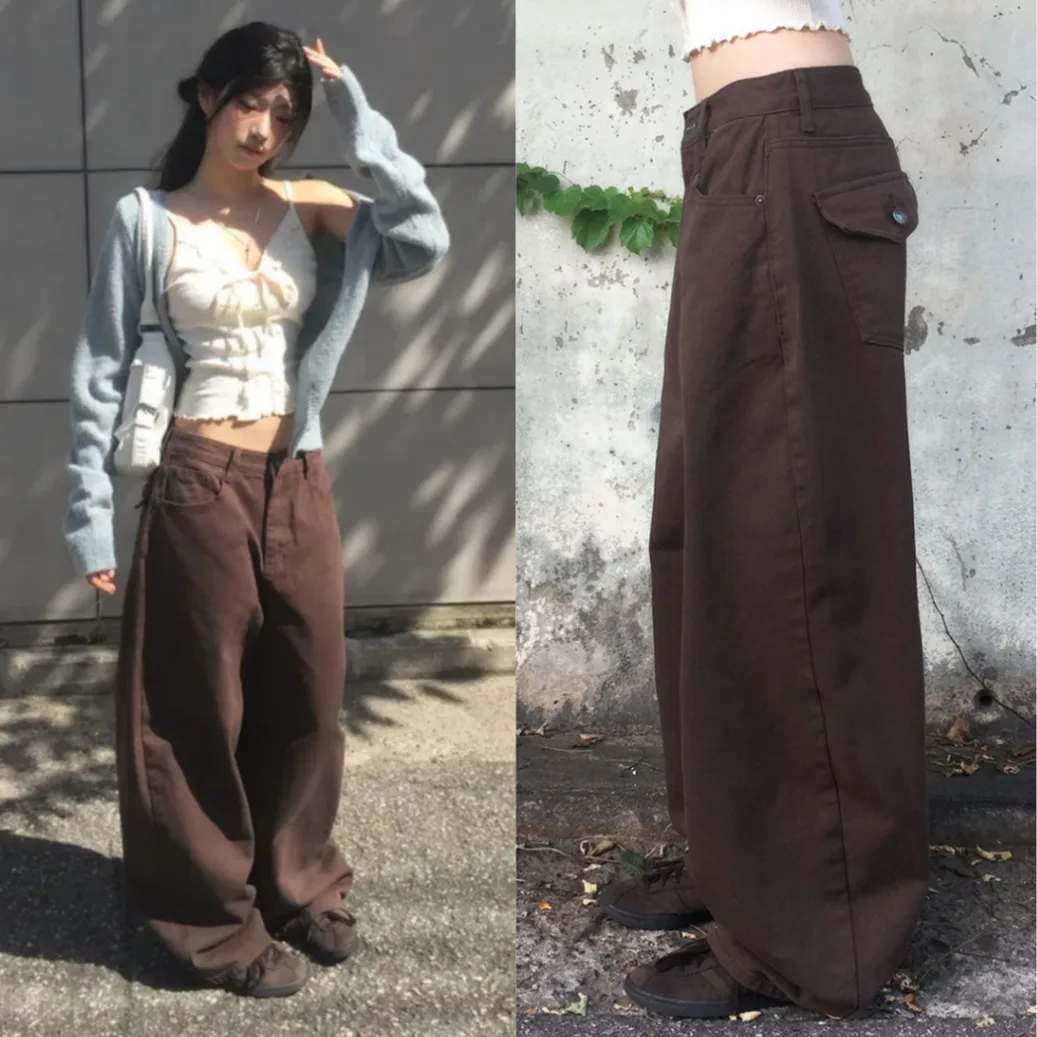High Waist Wide Leg Workwear Pants Women's Design Sense Foldover Pocket Long Jeans Casual Style High Waist Denim Pants