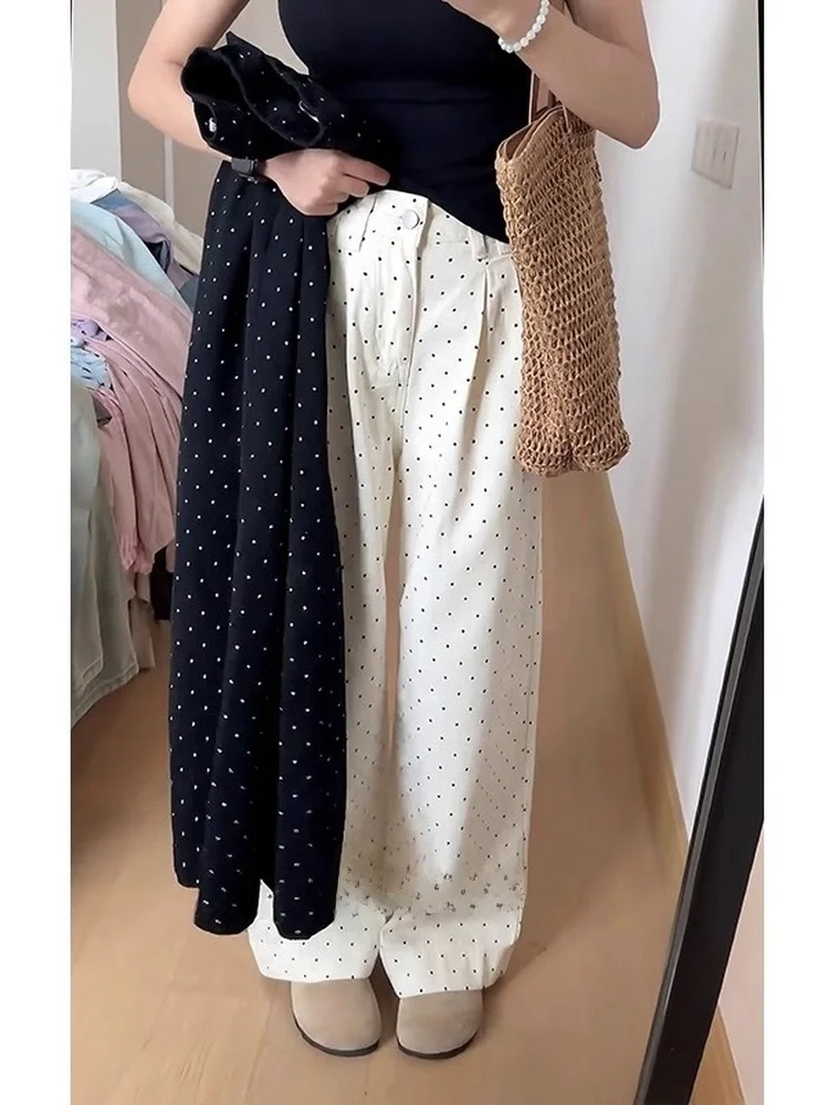 

Retro Polka Dot Wide Leg High Waist Denim Jeans Women Summer plus Size Loose Slimming Small Straight Tube Pants