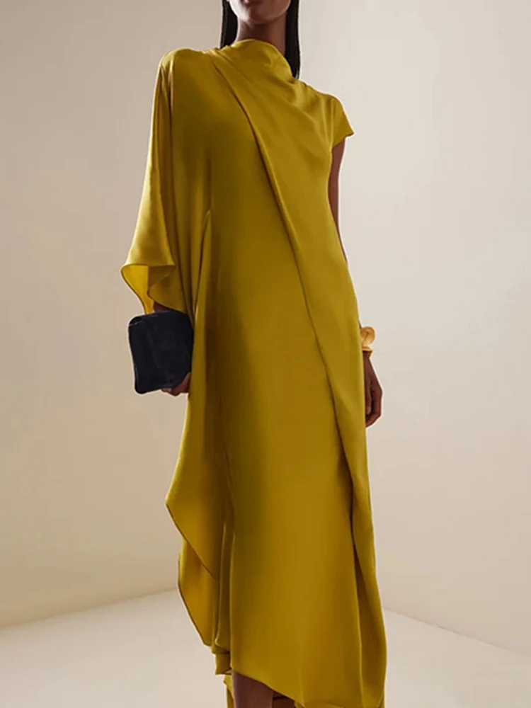 Lady Loose Irregular Commute Dress New Temperament High Waist Pleated Evening Party Dress French Style Elegant Solid Satin Robes