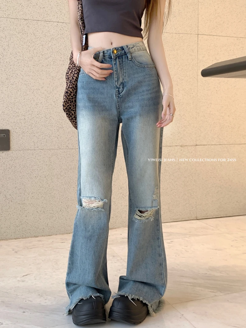 

Slergiri Streetwear raw hem ripped jeans for women y2k vintage washed do old high waist mom denim flared pants female bottoms