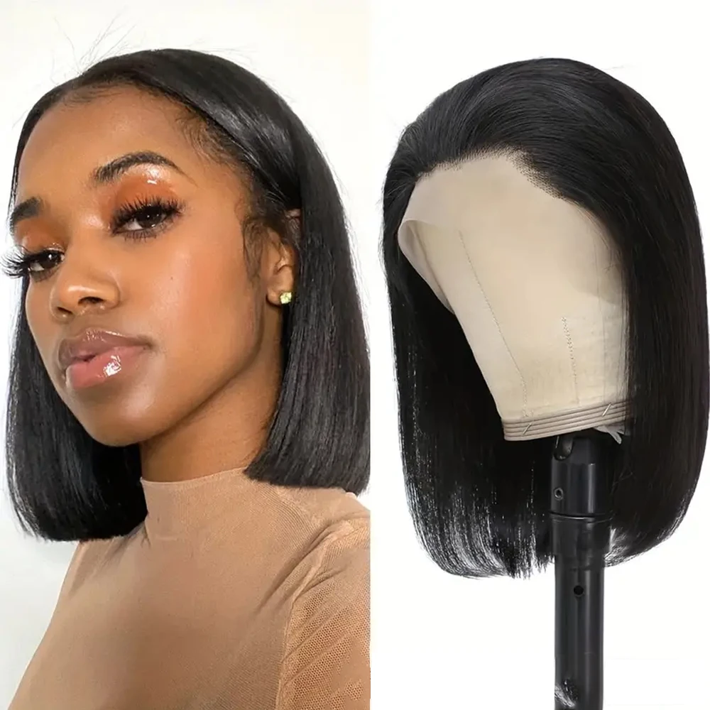 

Straight Short Bob Human Hair Lace Front Wig 13x4 Transparent Lace Front Human Hair Wigs Pre-plucked With Baby Hair 180% Density