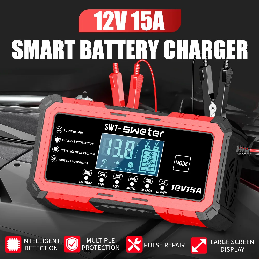 12V 15A Car Battery Charger Smart Pulse Repair Charger Lead-Acid Battery Charging Unit Car Motorcycle Automatic Battery Charger1