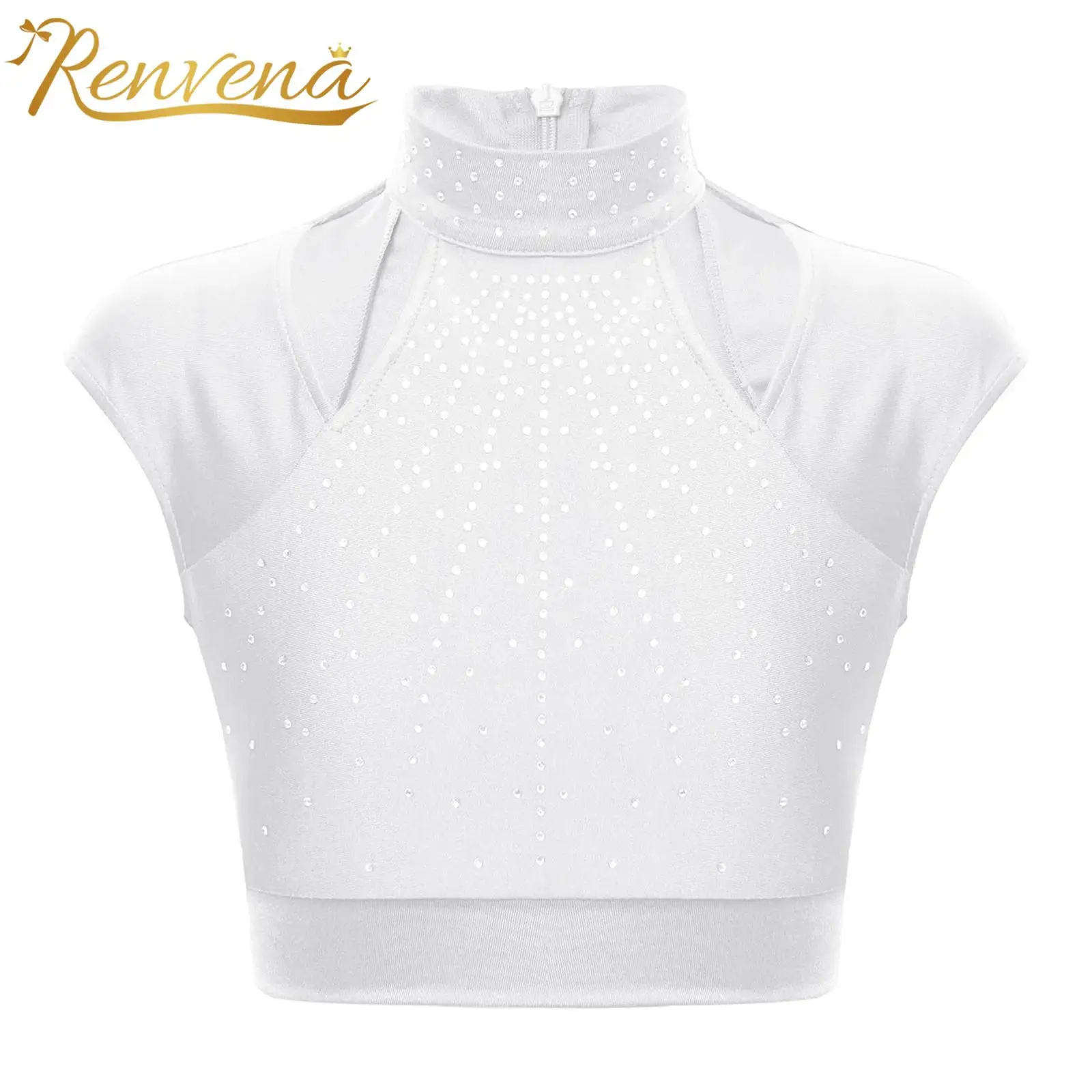 Kids Crop Top Cutout Shiny Rhinestones Sleeveless Tops for Girls Figure Skating Ballet Dance Gymnastics Children\'s Clothes