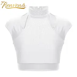 Kids Crop Top Cutout Shiny Rhinestones Sleeveless Tops for Girls Figure Skating Ballet Dance Gymnastics Children's Clothes