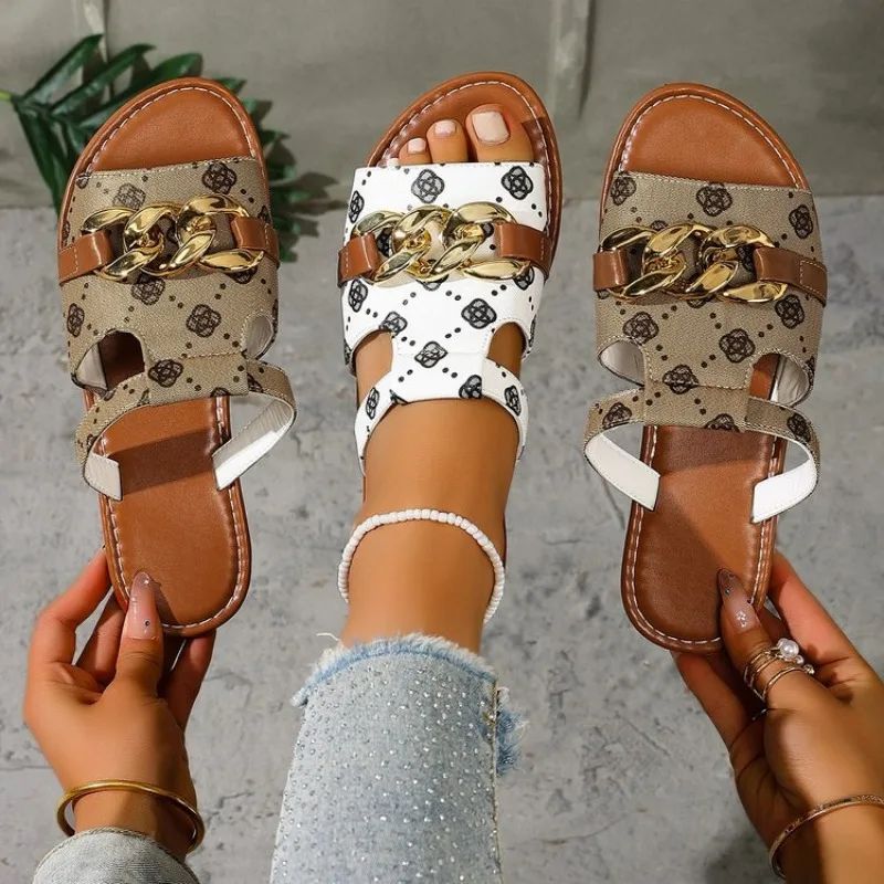 Women's Luxury Monogram Flat Slide Sandals Gold Chain Decor Open Toe Non-slip Slippers Summer Casual Outdoor Beach Travel Daily