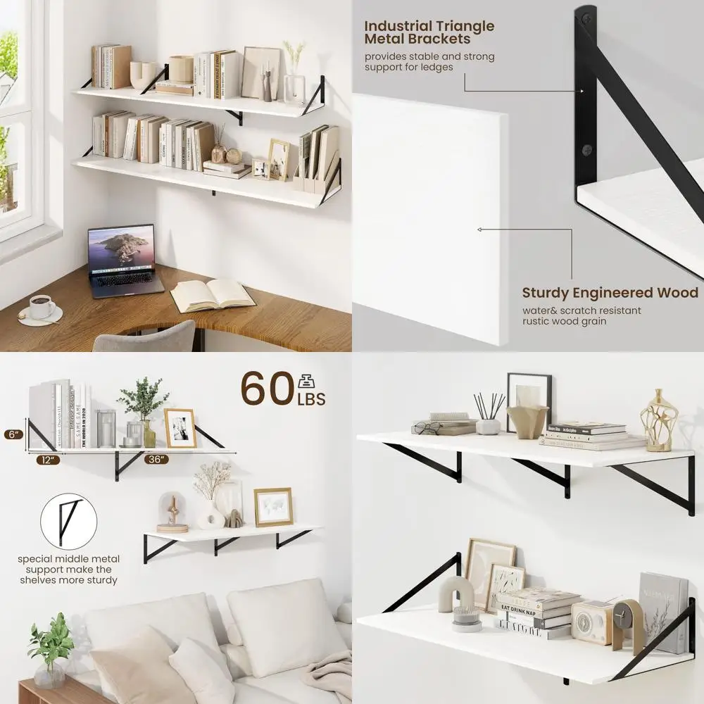 

Set of 2, 36 Wide x 12 Deep White Floating Shelves with Metal Brackets for Home Decor