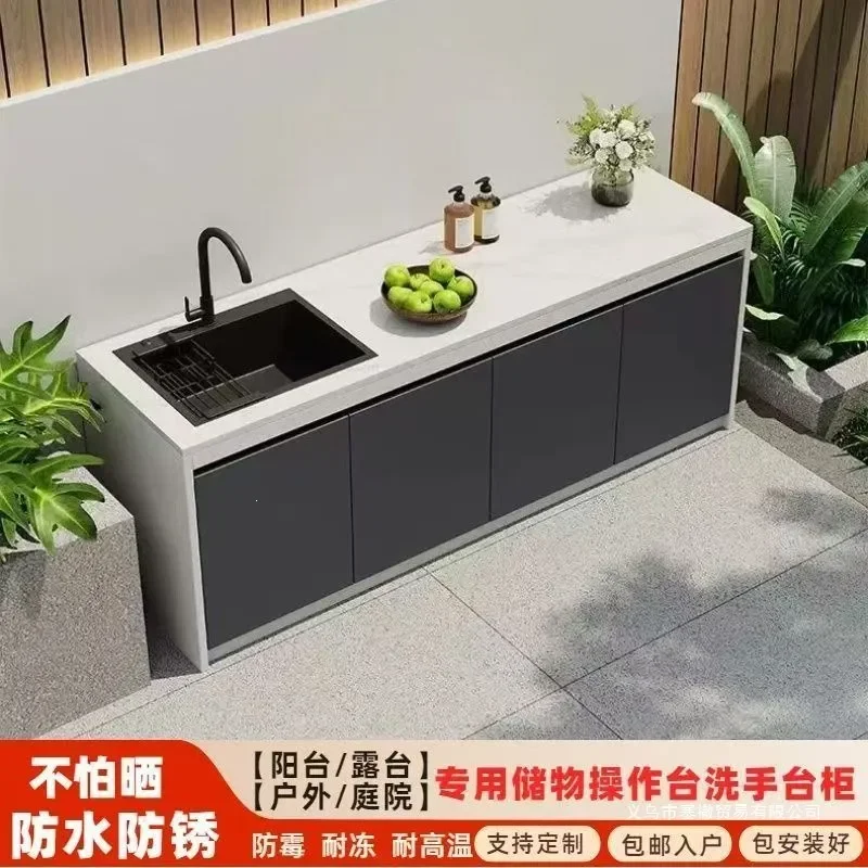 Outdoor Garden Wash Table Cabinet Slate Top Vegetable Washing Sink Integrated Storage Unit for Balcony Patio
