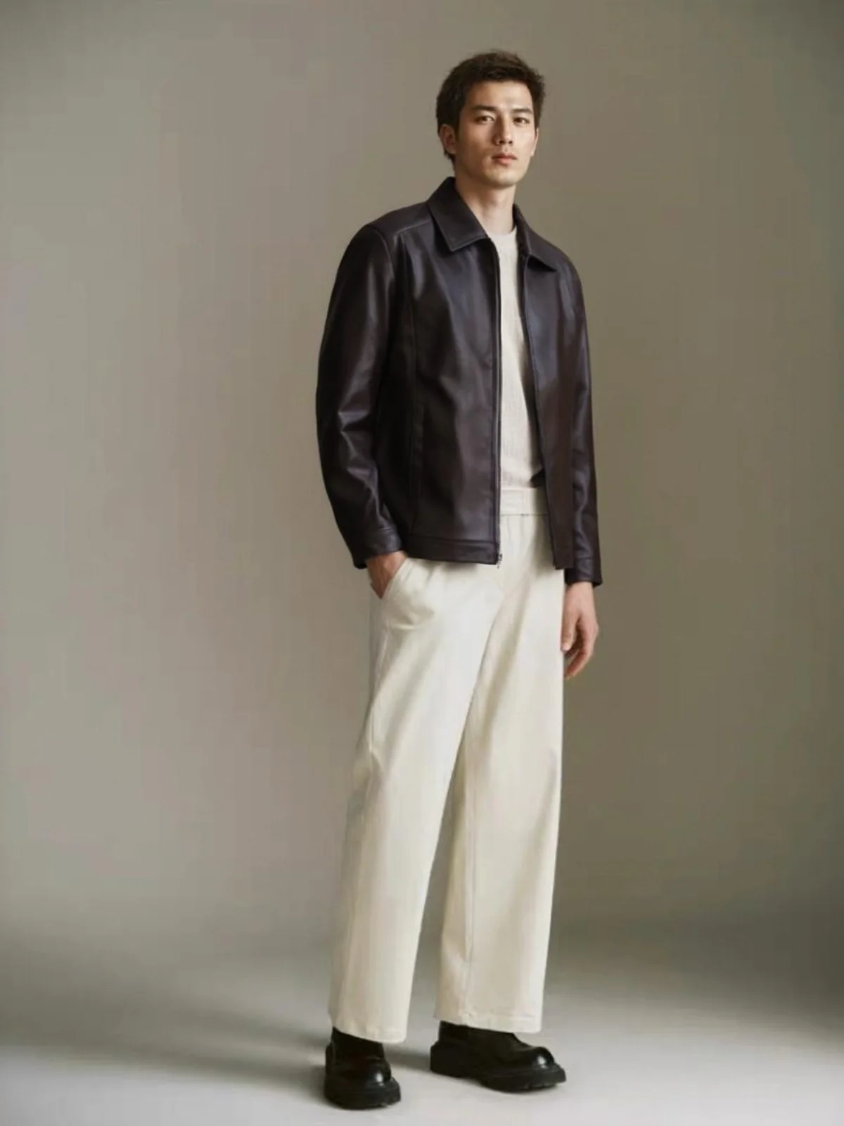 

Men's Fce Lined Real Leather Jaet Busin Casual Long Sve Zipper Closure Coat Warmth Comfortable Fit for Autumn Winter