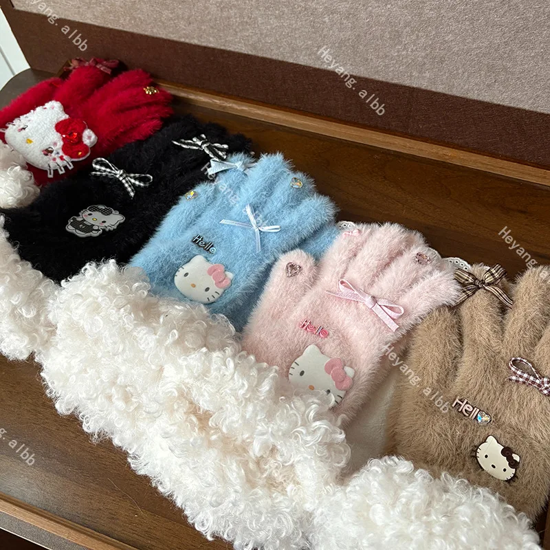 

Sanrio Hello Kitty, осенне-зимние теплые плюшевые милые мультяшные универсальные перчатки для девочек и детей, морозостойкие перчатки с сенсорным экраном, Рождественский подарок
