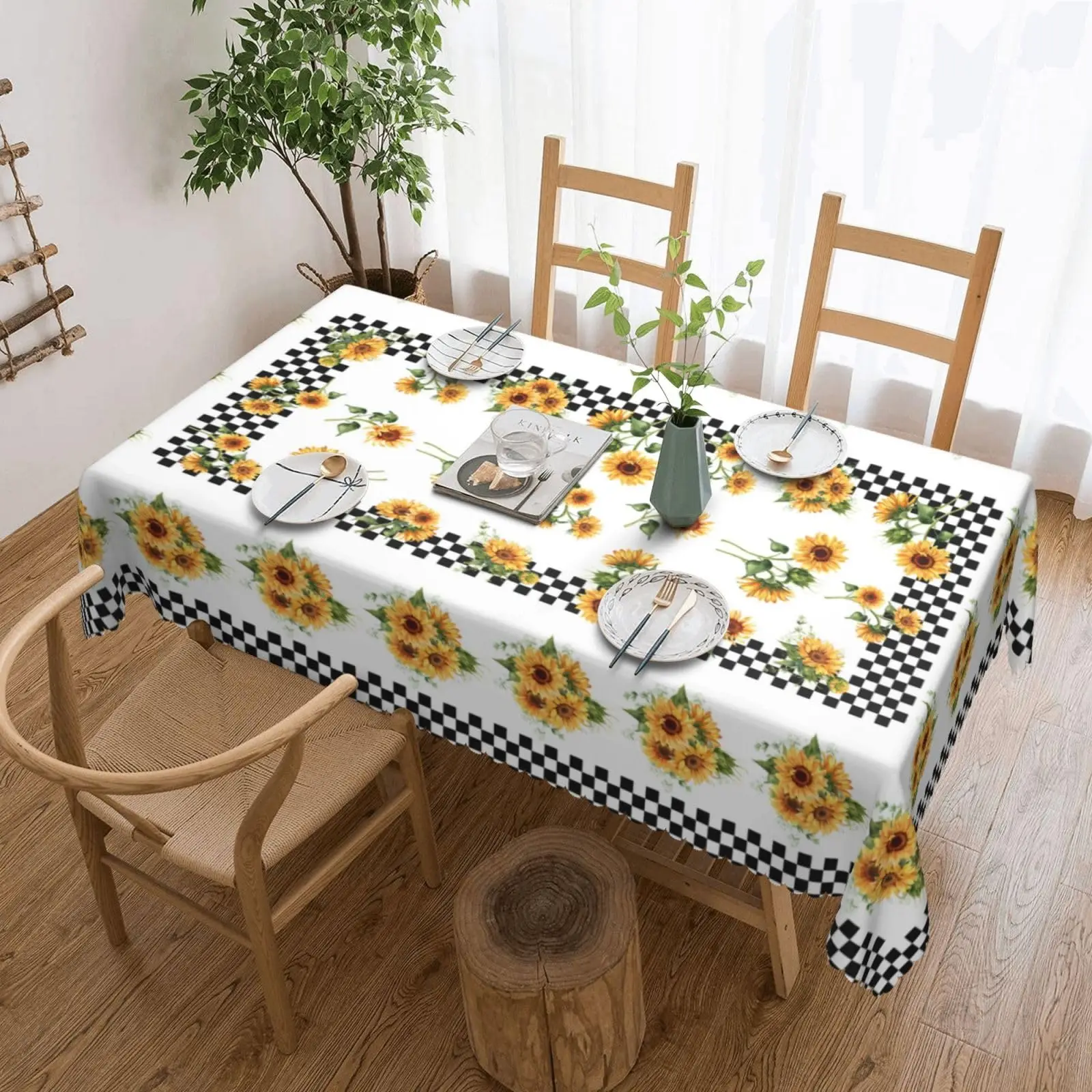 Sunflower Rectangle Tablecloths Black and White Checkerboard Table Cloths for birthday decoration，desk mat