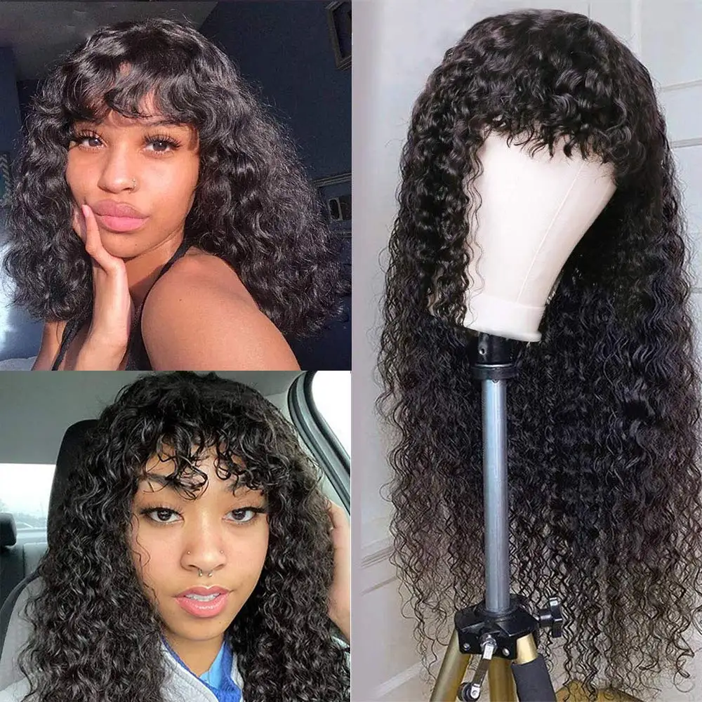 Fringe Bang Wig With Fake Scalp Human Hair Water Wave Glueless Natural Long Deep Curly Brazilian Hair Wigs 180 Density For Women