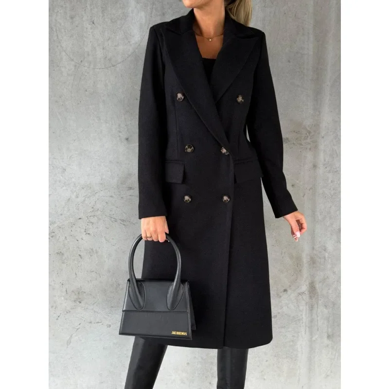 Autumn Winter Women Loose Trench Jacket Top Elegant Fashion Long Sleeve Lapel Collar Pocket Double Breasted Long Coat Overcoat