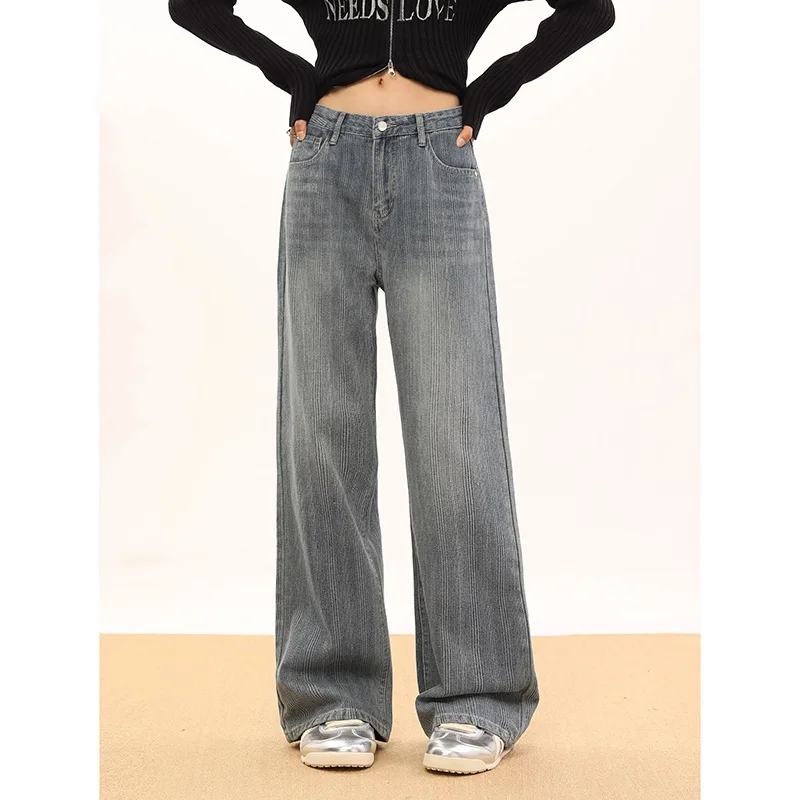 

WCFCX STUDIO Korean Version Women Wide Leg Pants Ladis Casual Jeans Fashion High Waist Vintage Straight Trousers