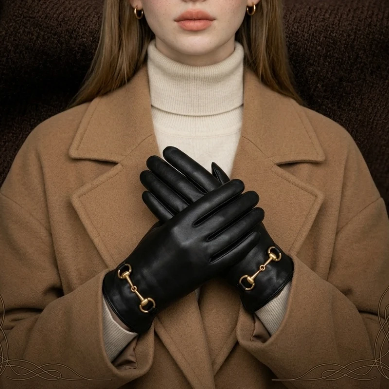 Luxurious High Quality Protein Leather Fleece Lined Women's Gloves Winter Cycling Windproof Keep Warm Elegant Touchscreen Gloves