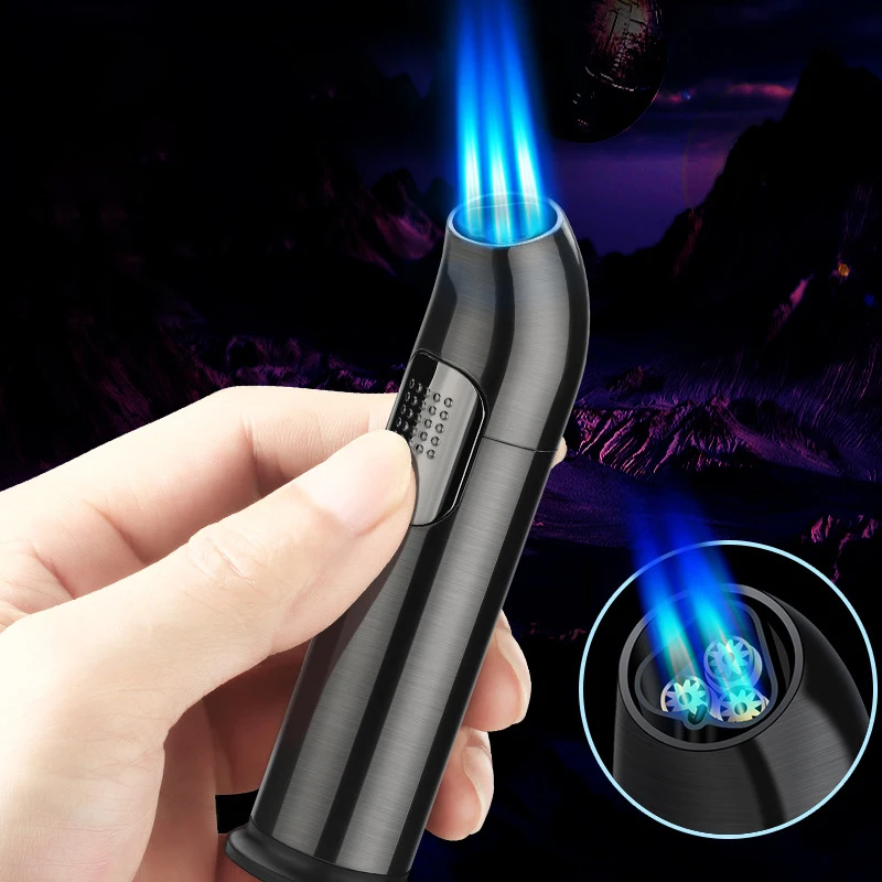 1300° High Temperature Butane Gas Lighter Outdoor Windproof Turbine 3 Torch Blue Flame Straight Jet Torch Cigar Lighter Tool