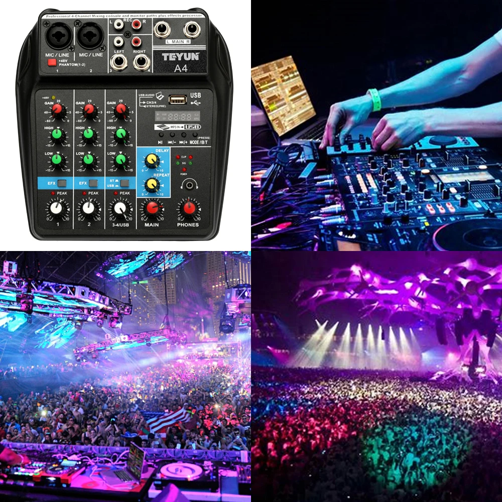 TU04 BT Sound Mixing Console Record 5V 2A Phantom Power Monitor AUX Paths Plus Effects 4 Channels Audio Mixer with USB