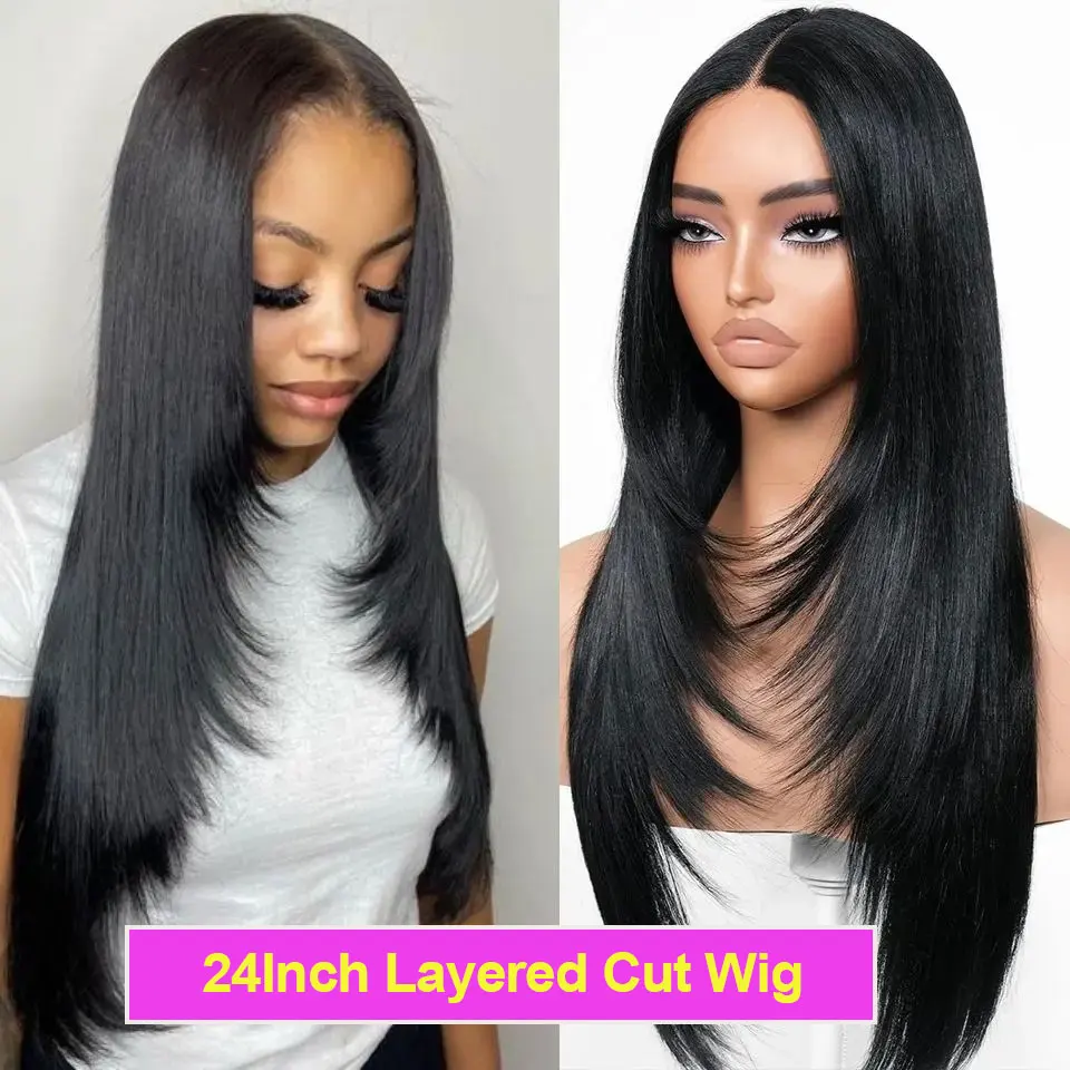 Brazilian Remy Layered Wig Human Hair 16-24 Inches Lace Layered Cut Straight Wig  For Women 4x4 13x4 Lace Front Human Hair Wig