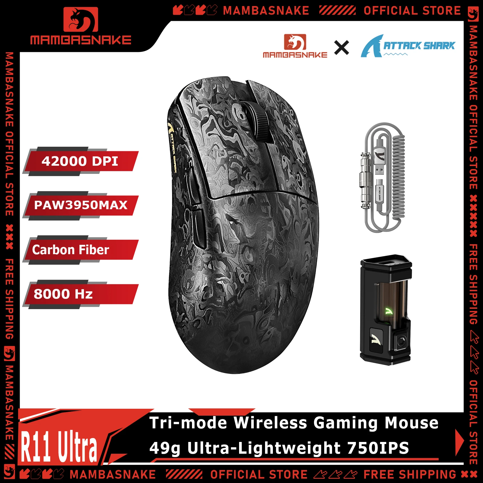 

MAMBASNAKE x ATTACK SHARK R11 Ultra 8K Carbon Fiber Wireless Gaming Mouse with 42000 DPI-PAW3950 MAX Sensor-49g Lightweight