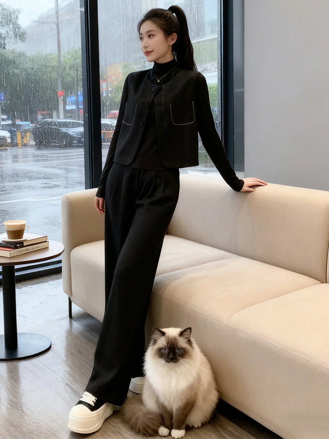 

Fashionable Hong Kong Style Three-Piece Set Women's Winter Outerwear Vest Inner Shirt Wide Leg Pants Layering Ensemble