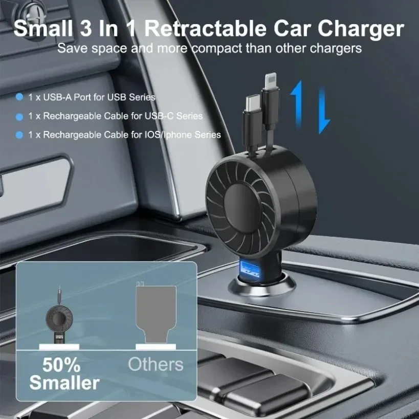 3-in-1-Auto-Schnellladegerät für Autotelefone, doppeltes einziehbares Kabel, USB-Anschluss für iPhone 16 15 14 13 12 Pro Max für Samsung Galaxy 23 22