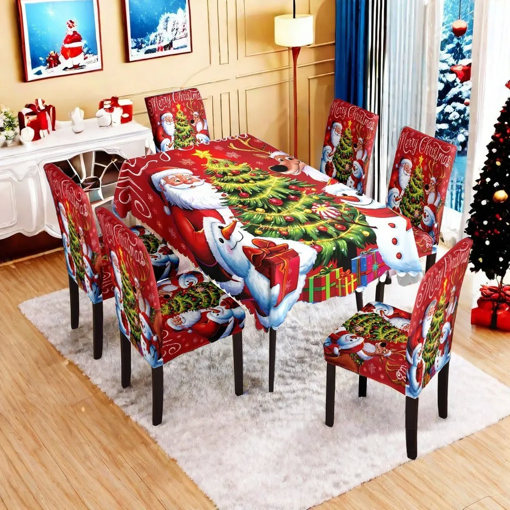 

7pcs Christmas chair cover and tablecloth set with Santa Claus, snowman and Christmas tree design for festive home decor