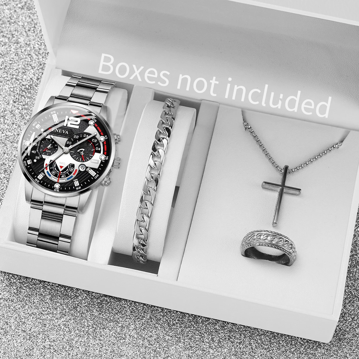 Fashion Men's Steel Business Quartz Watch Silver Color Jewelry Set（Box not Included）