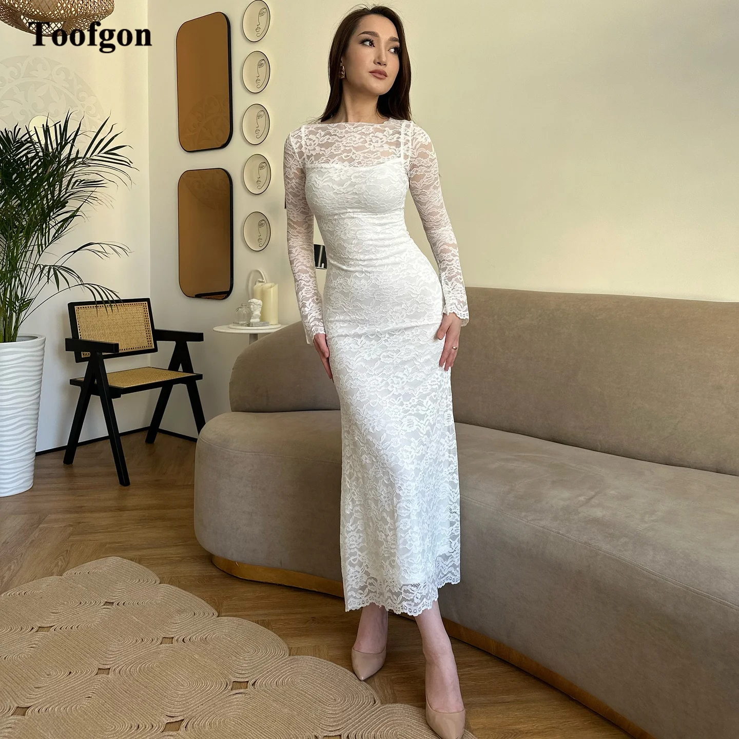 

Toofgon Mermaid Lace Midi Wedding Dresses Long Sleeves Formal Wedding Bridal Gowns Ankle Length Customized Women Bride Dress