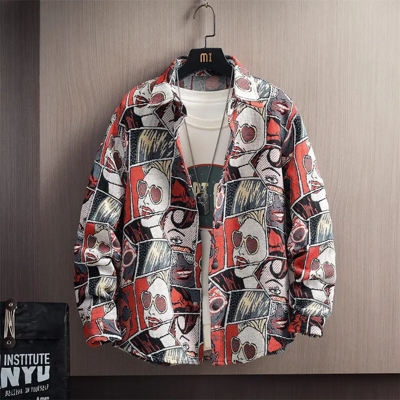 

2025 Spring and Autumn New Men's High Quality Loose Jacquard Collar Shirt Coat Casual Men's Shirt