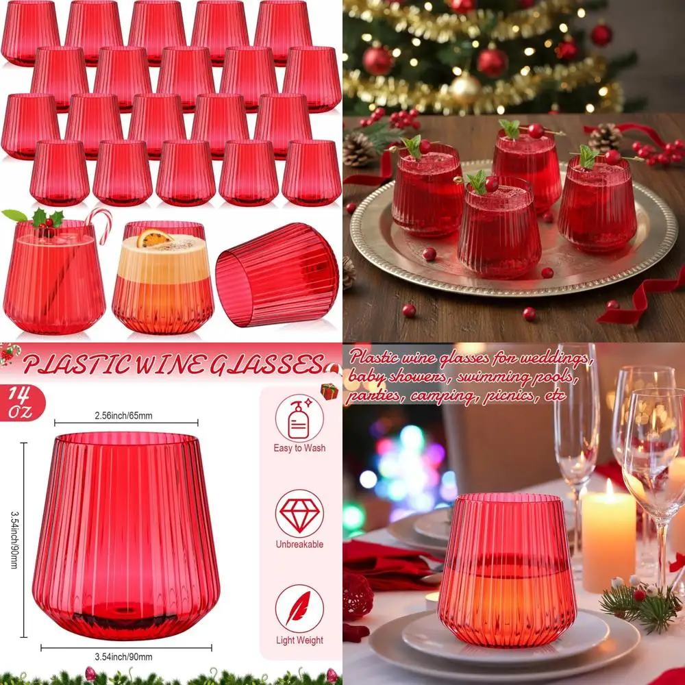 

Ребристые пластиковые бокалы для вина без ножек 14 унций — небьющиеся стаканчики для использования на открытом воздухе и в помещении, элегантный винтажный стиль