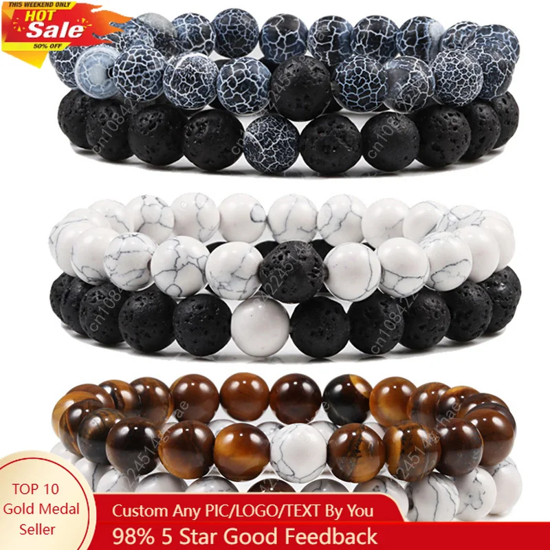 

Set Bracelet Couples Distance Black White Natural Lava Stone Tiger Eye Beaded Yoga Bracelets for Men Women Elastic Rope Jewelry
