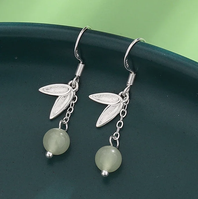 One Piece 925 Silver Hetian Jade Leaf Beads Dangle Earrings for Women Ancient Style Fine Jewelry Minimalist Accessories