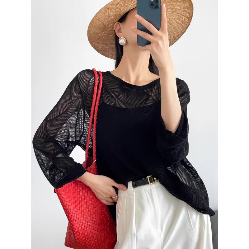 

Новинка лета 2026: Женский вязаный свитер с ажурным узором «рыбья кость», свободный крой, круглый вырез, защита от солнца, пуловер