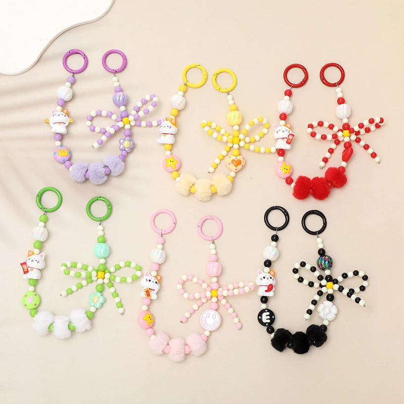 Bow Lucky Cat Plush Beaded Mobile Phone Chain Anti-Lost Phone Lanyard Pendant Keychain Wristband Earphone Camera Decor