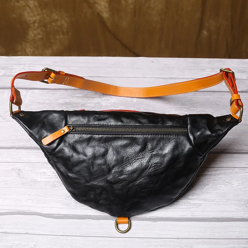 Original Vegetable Tanned Cow Leather Mobile Phone Waist Bag Men\'s Top Layer Cowhide Vintage Color Contrast Cross Body Chest