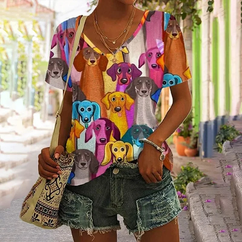 Camiseta feminina com estampa de gatos 3d, blusas femininas da moda 2025, camiseta engraçada kawaii com decote em v, roupas femininas de grandes dimen