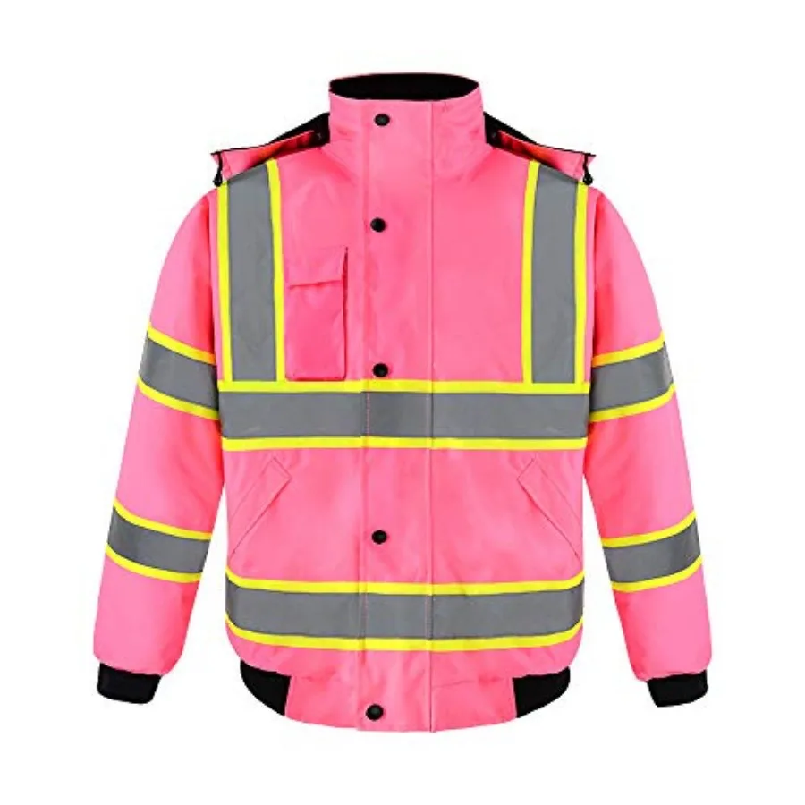 

Hi-Viz Quilted Padding Safety Bomber Jacket for Men, ANSI Class 3 High Visibility Reflective Tapes, Full-Zip with Detachable Ho