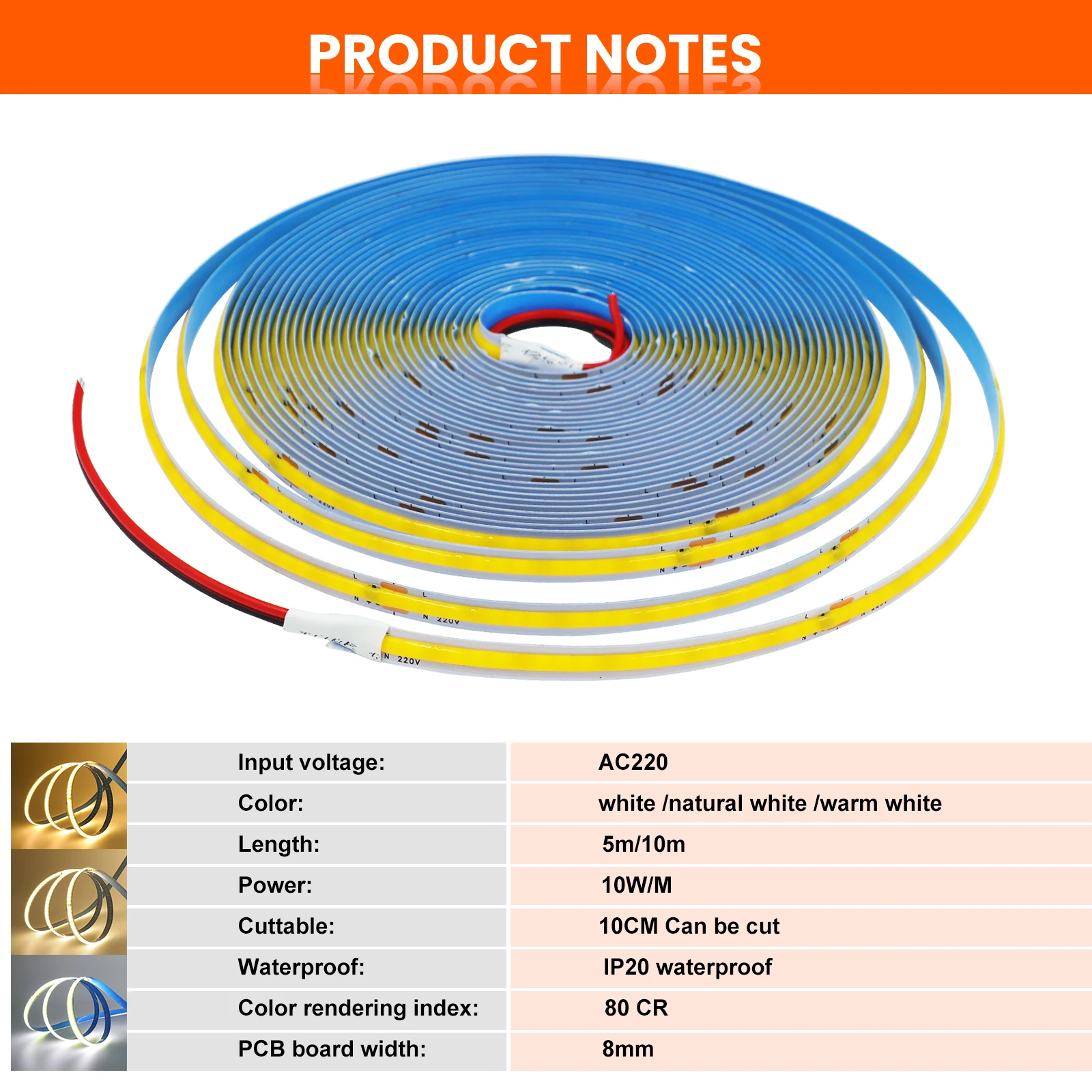 5M 10M COB LED Strip 220v Adhesive High Brightness 240LEDs/m 10cm Cuttable Flexible COB LED Tape With Rectifier 8MM PCB Width